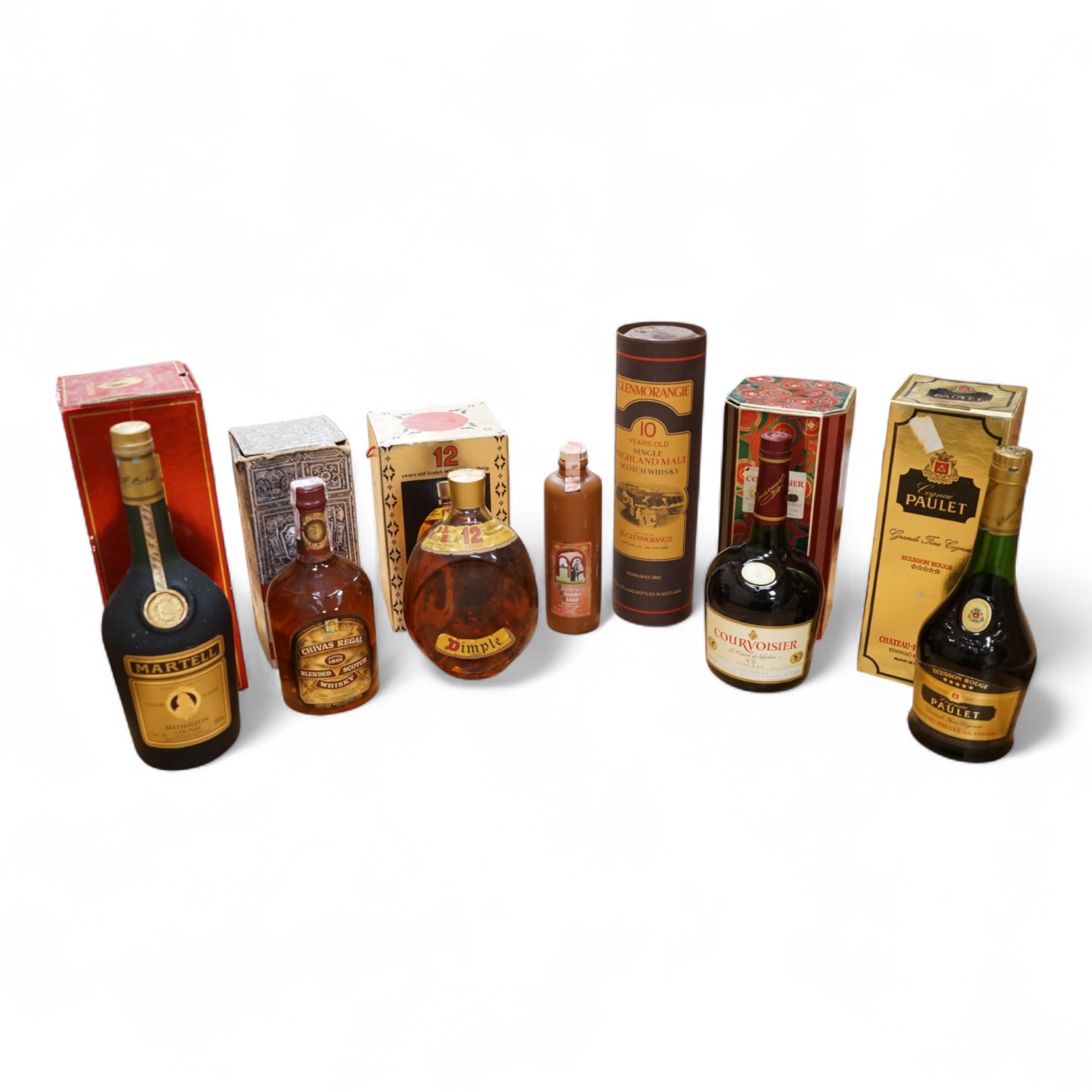 A bottle of Glenmorangie Scotch whisky and five other cased spirits